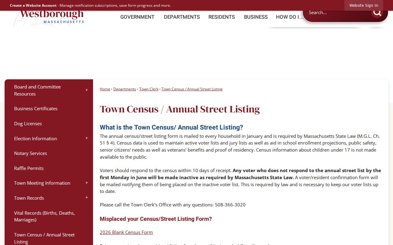 Westborough residents directory annual census and street listing form