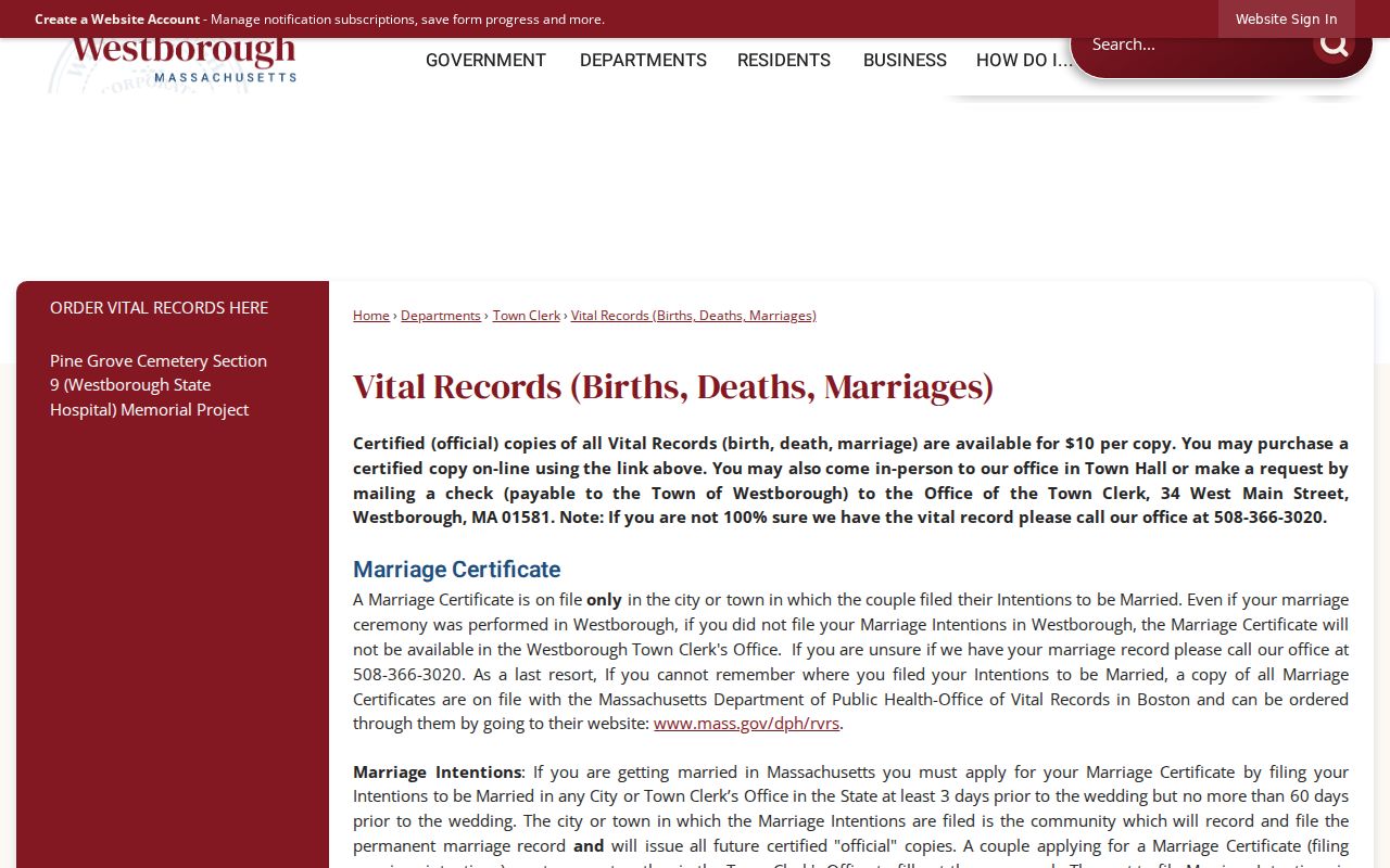 Westborough resident lookup vital record request information